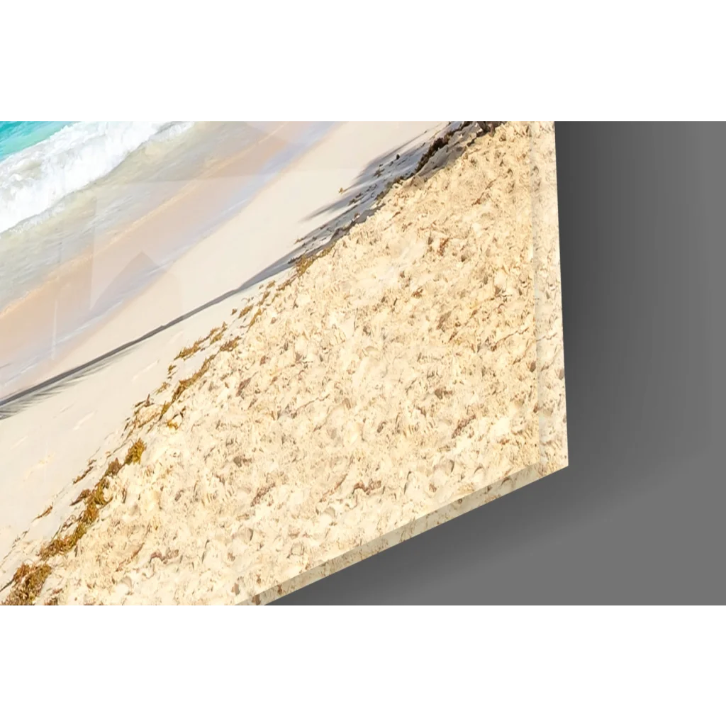Beige turquoise beach scene glass wall art with leaning palm tree