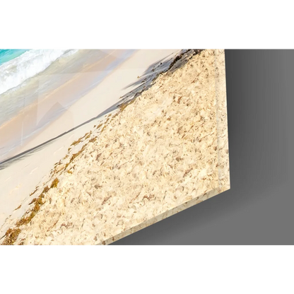 Beige turquoise beach scene glass wall art with leaning palm tree