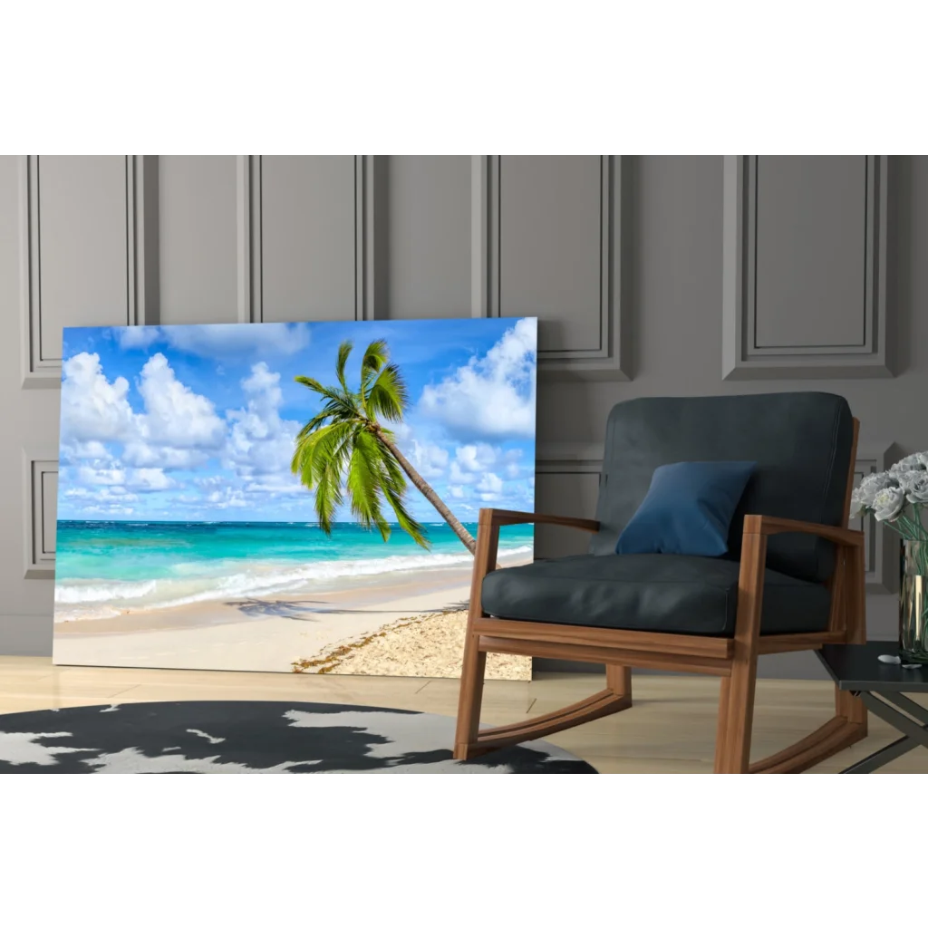 Vibrant turquoise ocean glass wall art with leaning palm tree on sandy shore