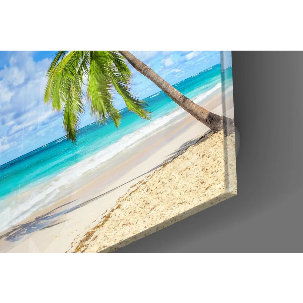 Vibrant tropical paradise glass wall art with turquoise ocean and palm trees