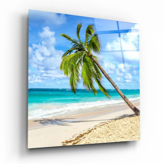 Tropical paradise glass wall art with leaning palm tree over turquoise ocean