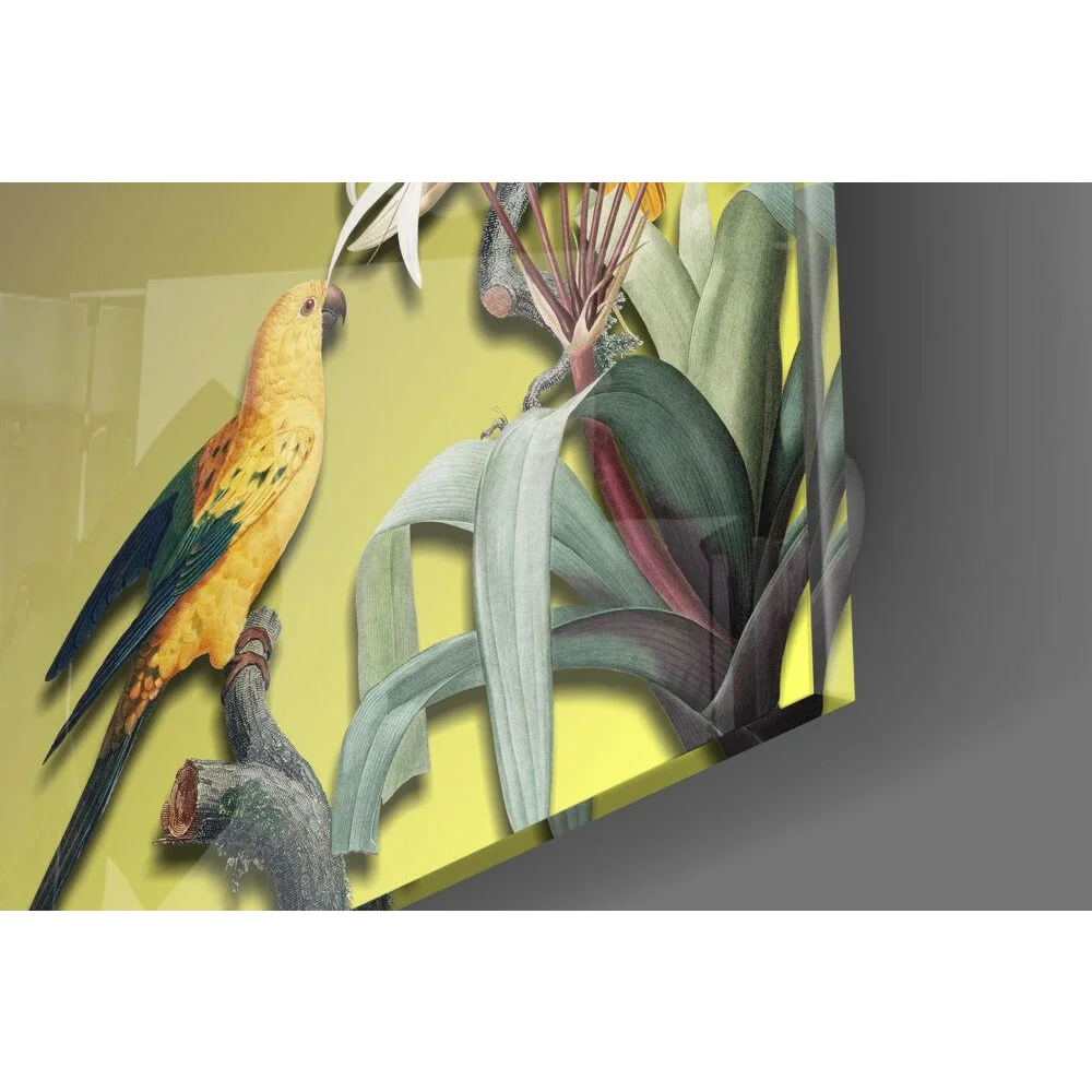 Vibrant yellow green parrot on branch in lush jungle foliage glass wall art