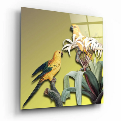 Vibrant yellow parrots on green wings in tropical glass wall art print