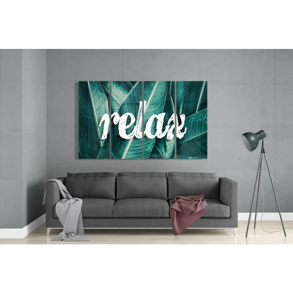 Tropical Relax green leafy glass wall art with relax text