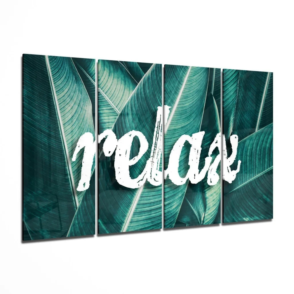 Green leafy tropical glass wall art panel set with relax text
