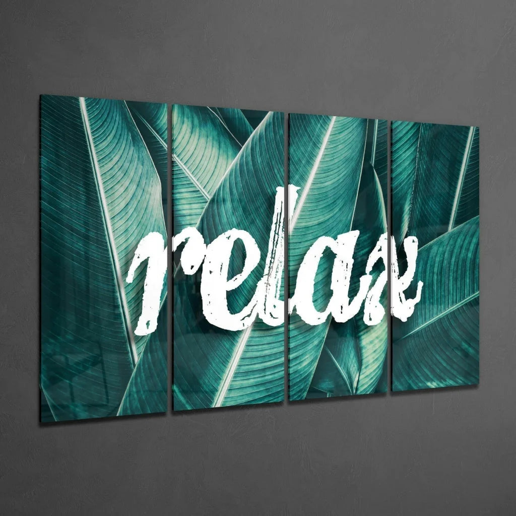 Tropical Relax green leafy glass wall art panel with relax text