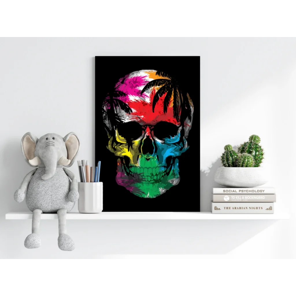 Vibrant rainbow skull on black with palm trees, Tropical Skull Paradise aluminum print