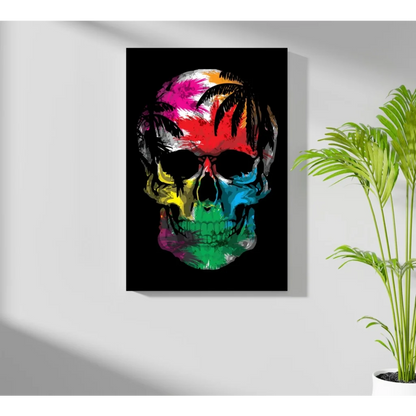 Vibrant multicolored skull with tropical palms on black aluminum print
