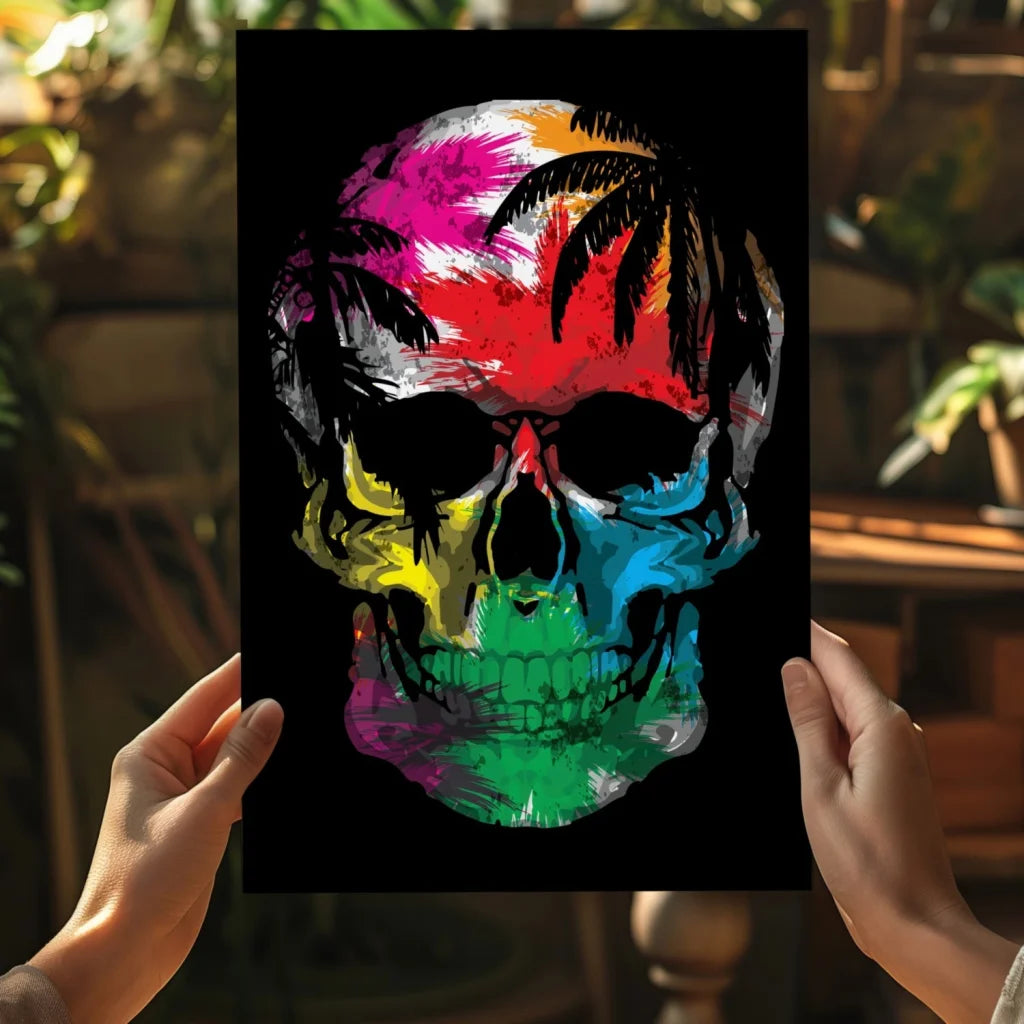 Vibrant multicolored skull with tropical palm trees on black background aluminum print