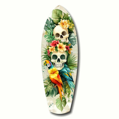 Vibrant tropical skull surfboard tempered glass art with parrot