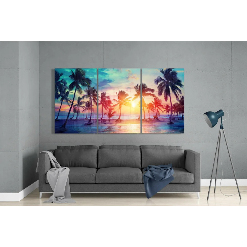 Vibrant 3-panel tropical sunset glass wall art with palm trees