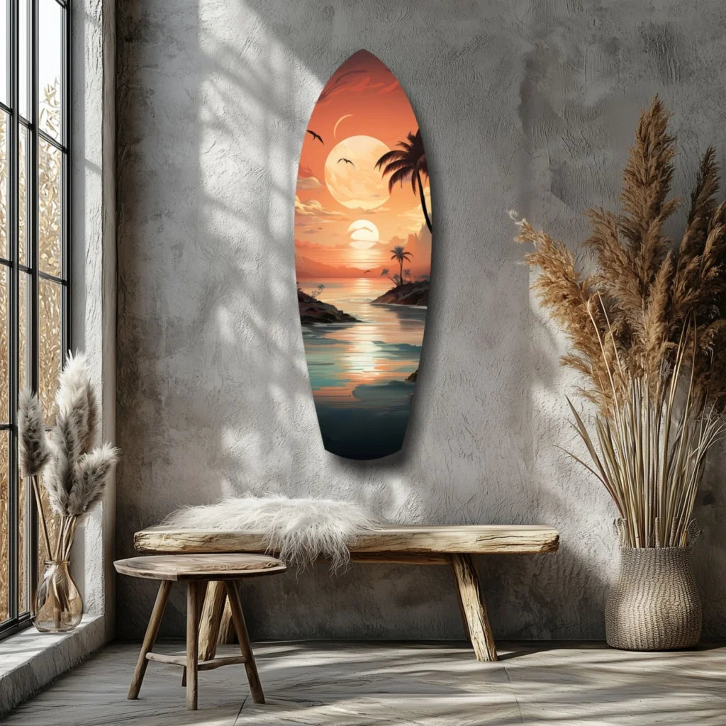 Tropical sunset surfboard tempered glass art with size comparison