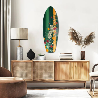Tropical surfboard tempered glass art with floral leopard design