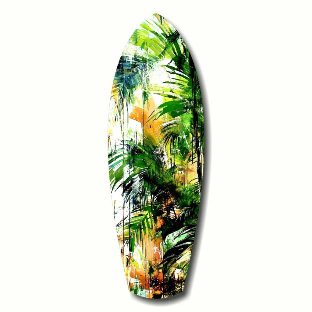 Vibrant tropical palm leaf tempered glass art on surfboard wall decor with size guide