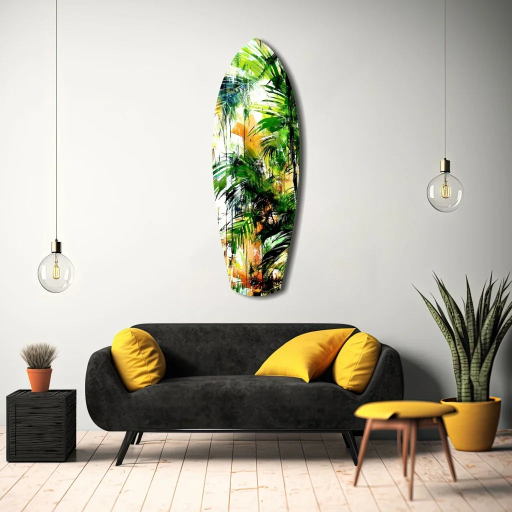 Vibrant tropical foliage glass art on surfboard canvas with size comparison