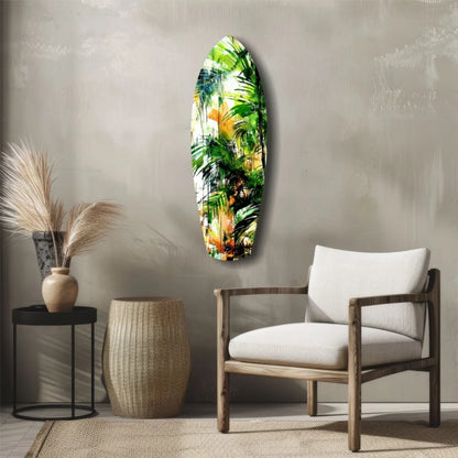 Vibrant tropical foliage tempered glass art as surfboard wall decor