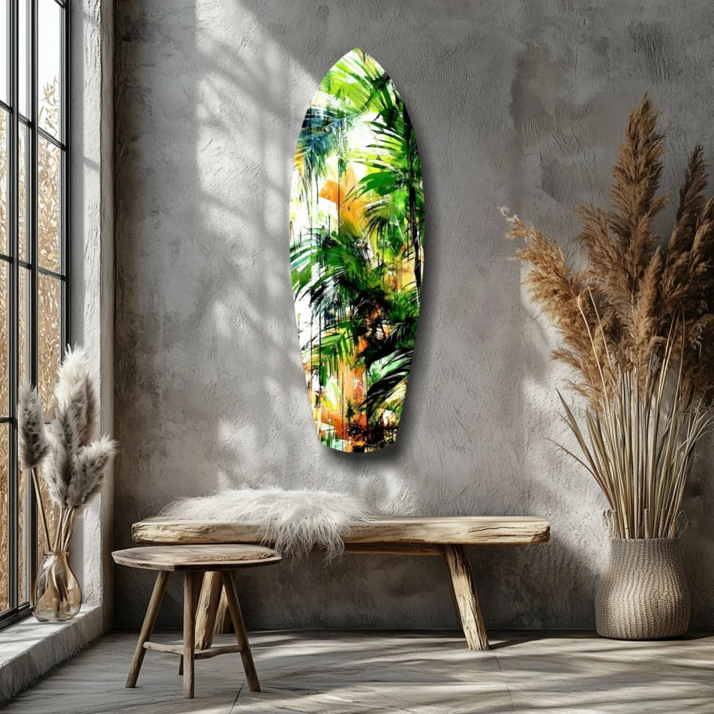 Vibrant tropical foliage on surfboard tempered glass art with size guide