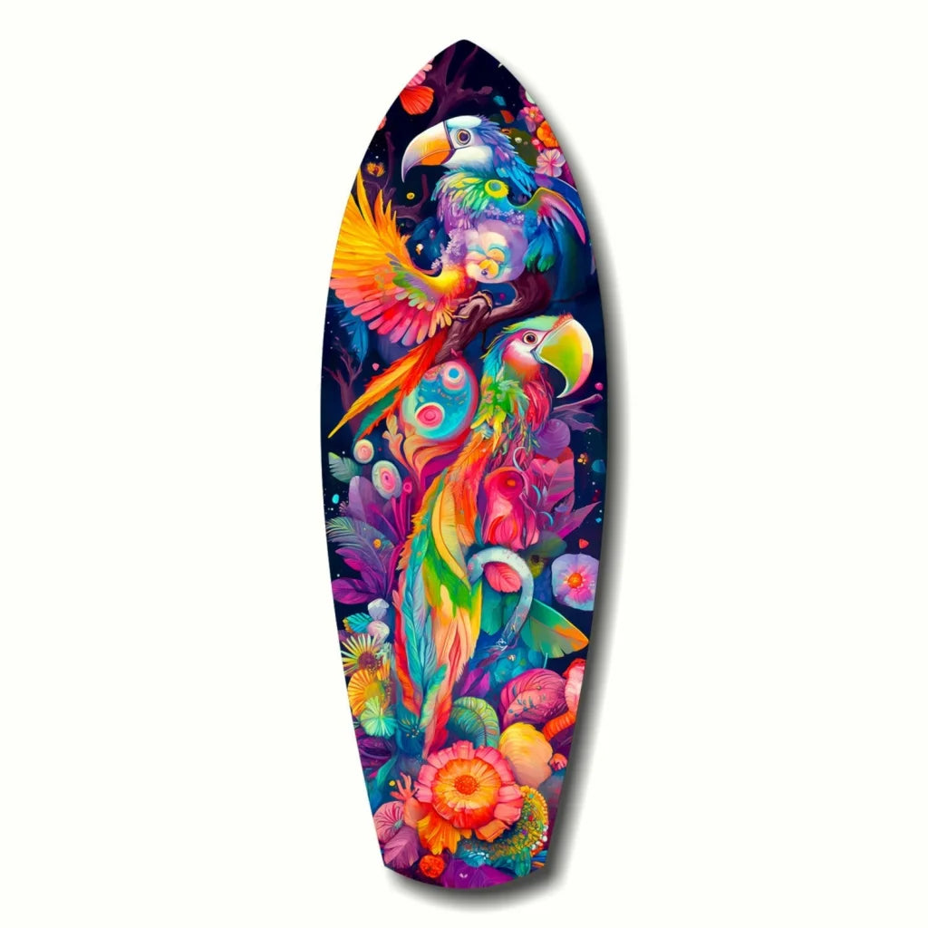 Tropical Symphony Glass Art Surfboard with Vibrant Parrots | Insigneart USA | vintageantiquesgifts.com