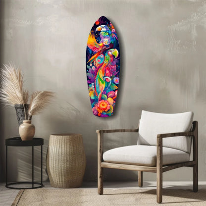Tropical Symphony tempered glass art surfboard with vibrant parrots