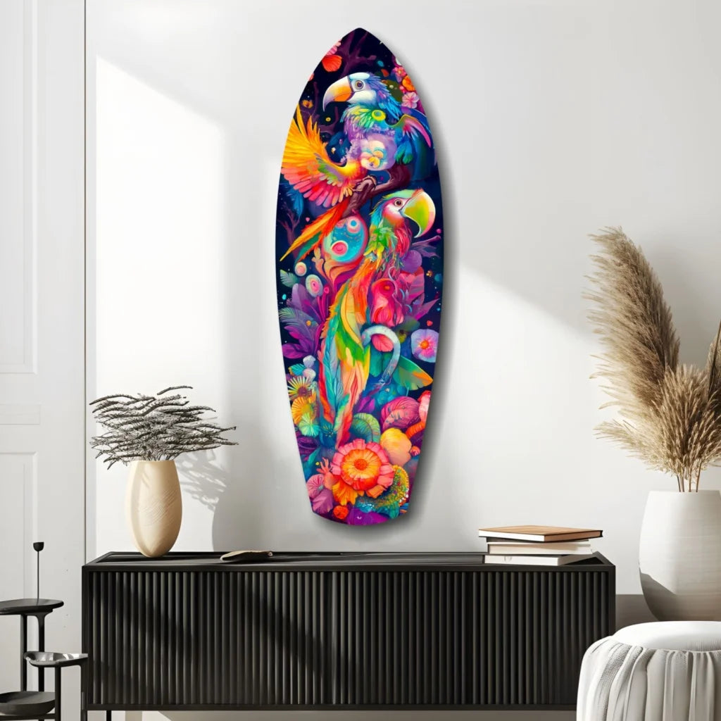 Tropical Symphony tempered glass art surfboard with vibrant parrots
