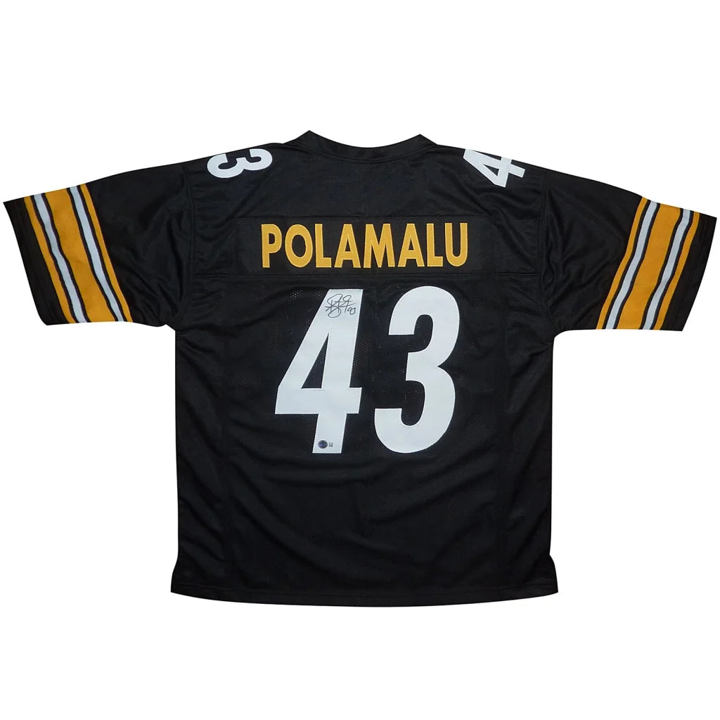 Back of Troy Polamalu autographed Pittsburgh Steelers black jersey #43