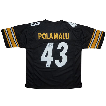 Back of Troy Polamalu autographed Pittsburgh Steelers black jersey #43