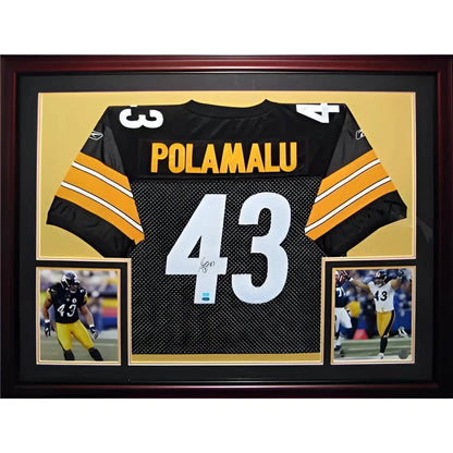Troy Polamalu deluxe framed jersey with black yellow Steelers 43 in dark wood