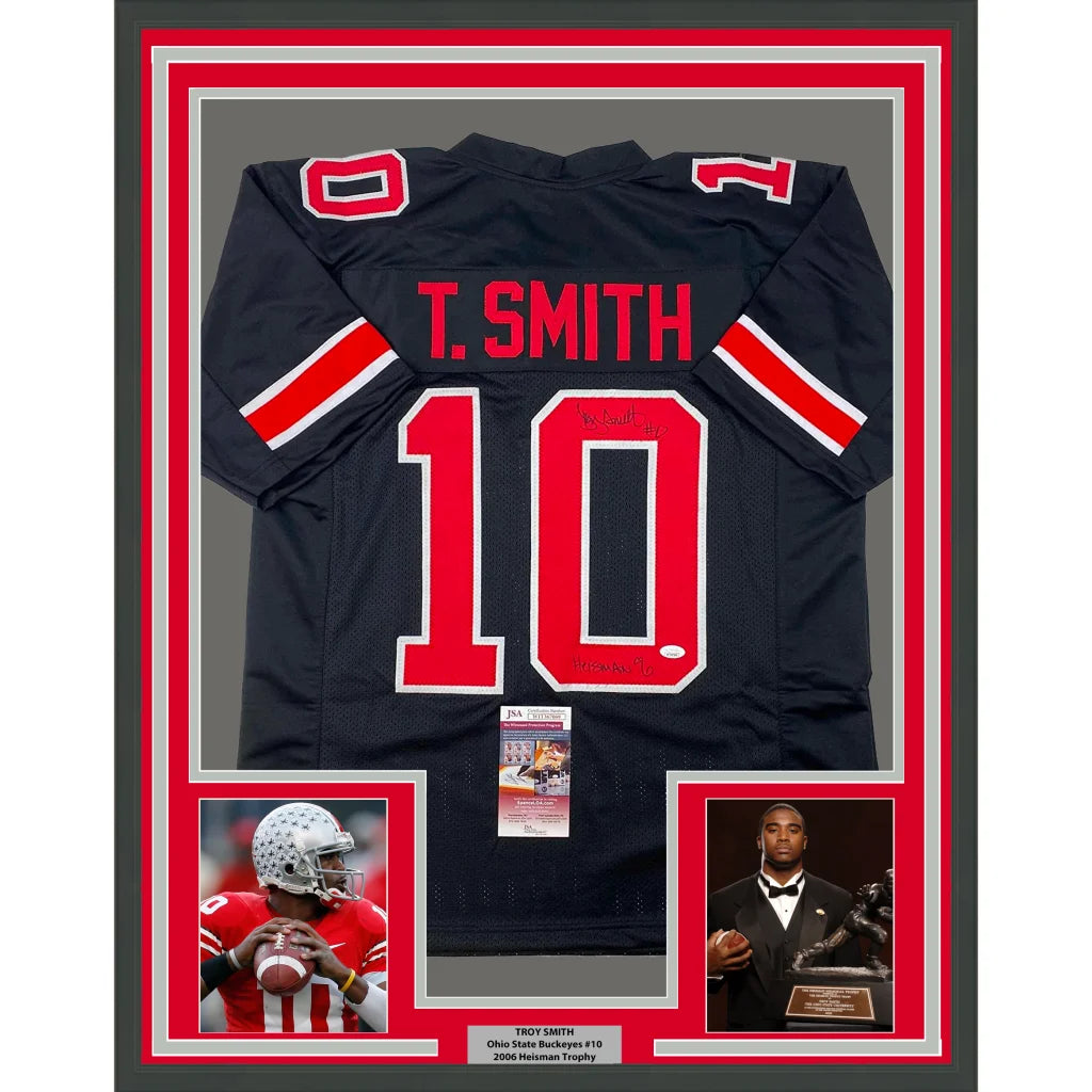 Framed autographed Troy Smith Ohio State Jersey with player photos and authentication card