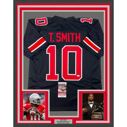 Framed autographed Troy Smith Ohio State Jersey with player photos and authentication card