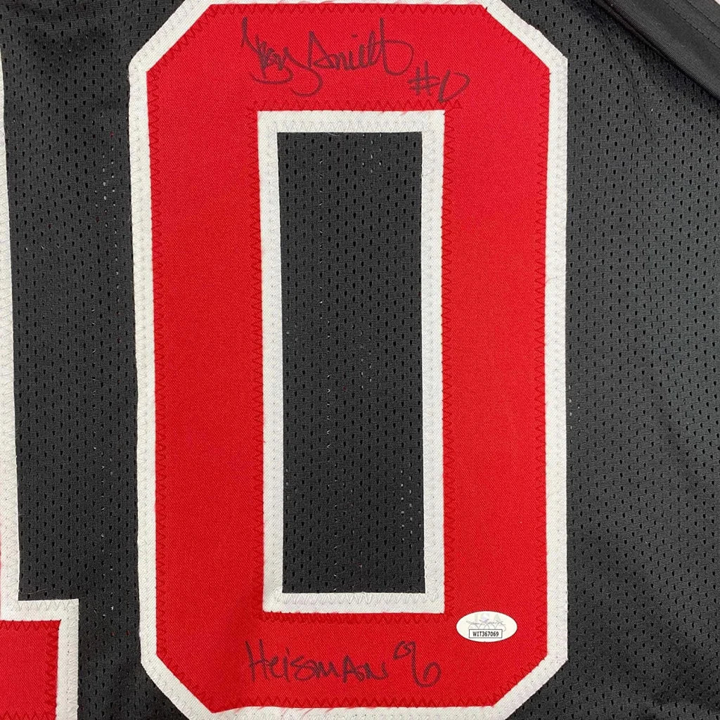 Black Ohio State Troy Smith Heisman jersey with signature and red white numbers