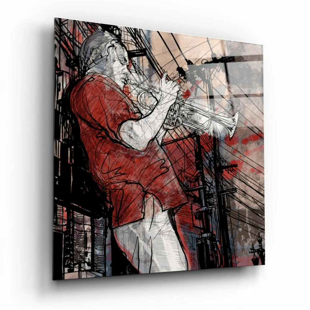 Stylized jazz trumpet player in red on urban canvas wall art
