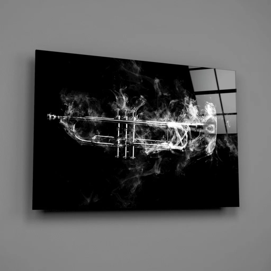 Smoky trumpet in glowing ethereal smoke on black-and-white glass wall art