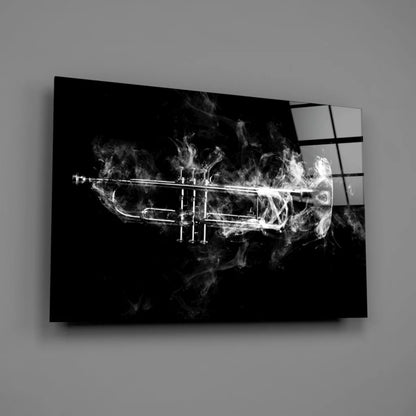 Smoky trumpet in glowing ethereal smoke on black-and-white glass wall art