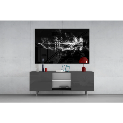 Glowing smoky trumpet in black-and-white glass wall art