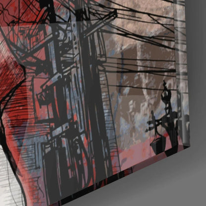 Abstract jazz trumpet player wall art with bold ink lines in red and gray