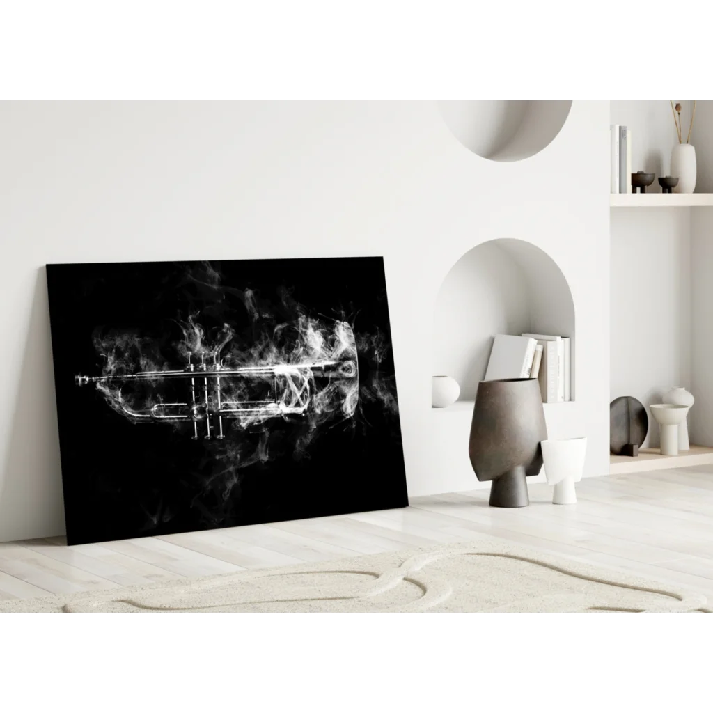 Smoky trumpet glass wall art in black canvas with ethereal white design