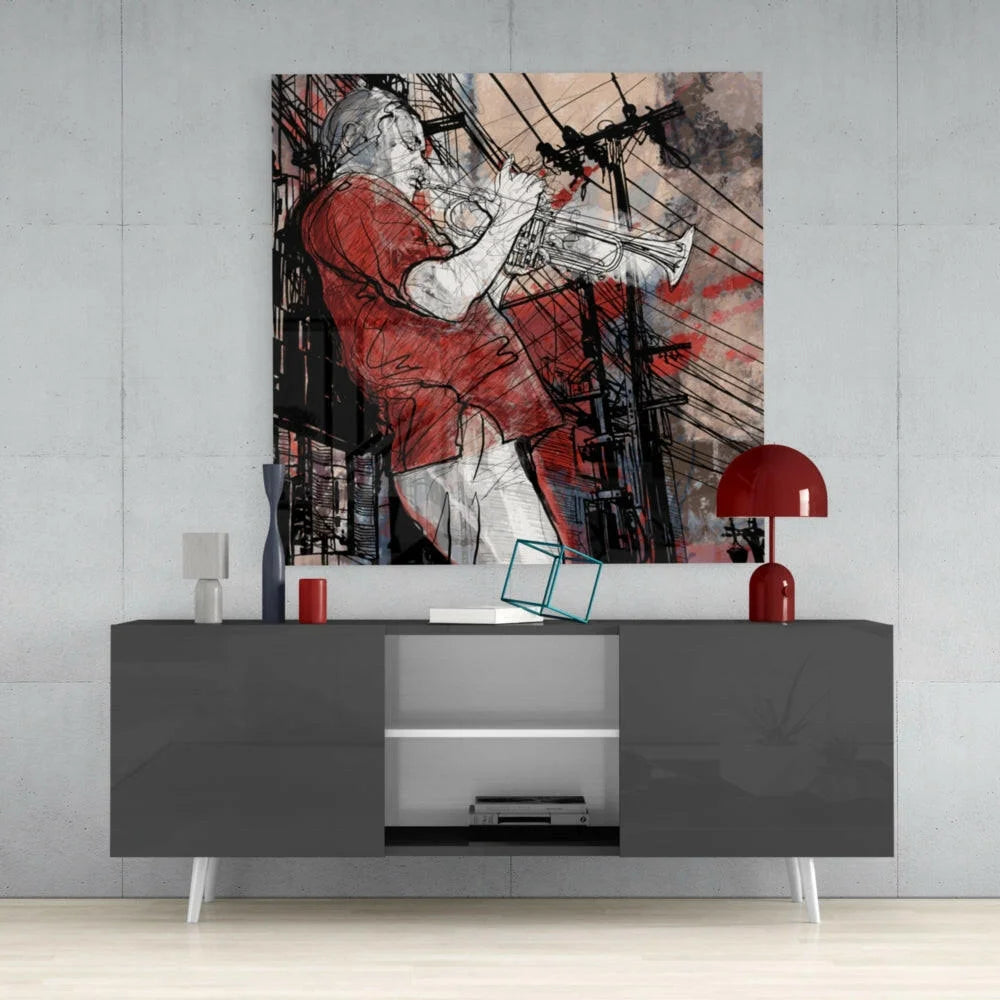 Abstract jazz trumpet player in red black urban style wall art