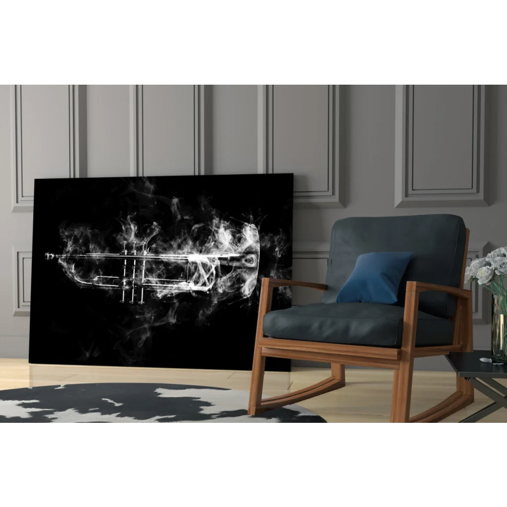 Smoky trumpet in glowing white smoke on black-and-white glass wall art