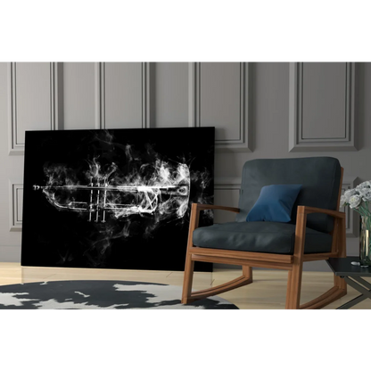 Smoky trumpet in glowing white smoke on black-and-white glass wall art