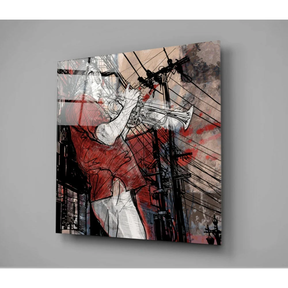 Abstract jazz trumpet player wall art canvas in red black urban style