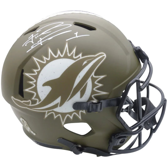 Tua Tagovailoa autographed Miami Dolphins replica helmet in olive green