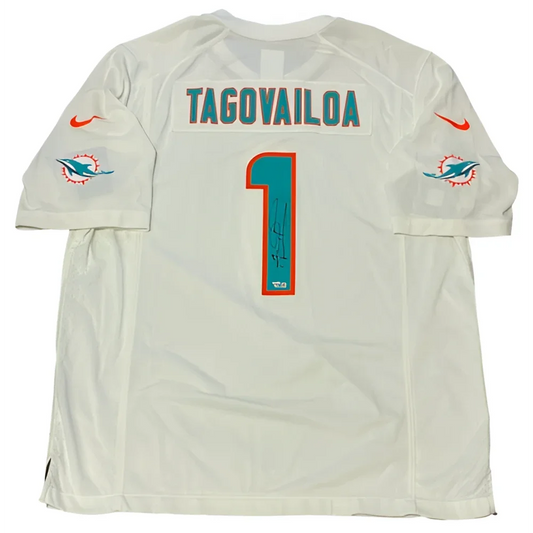 Tua Tagovailoa autographed white Miami Dolphins Nike jersey with #1