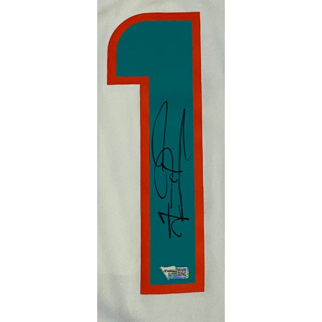 Tua Tagovailoa autographed Miami Dolphins jersey with teal orange number one patch