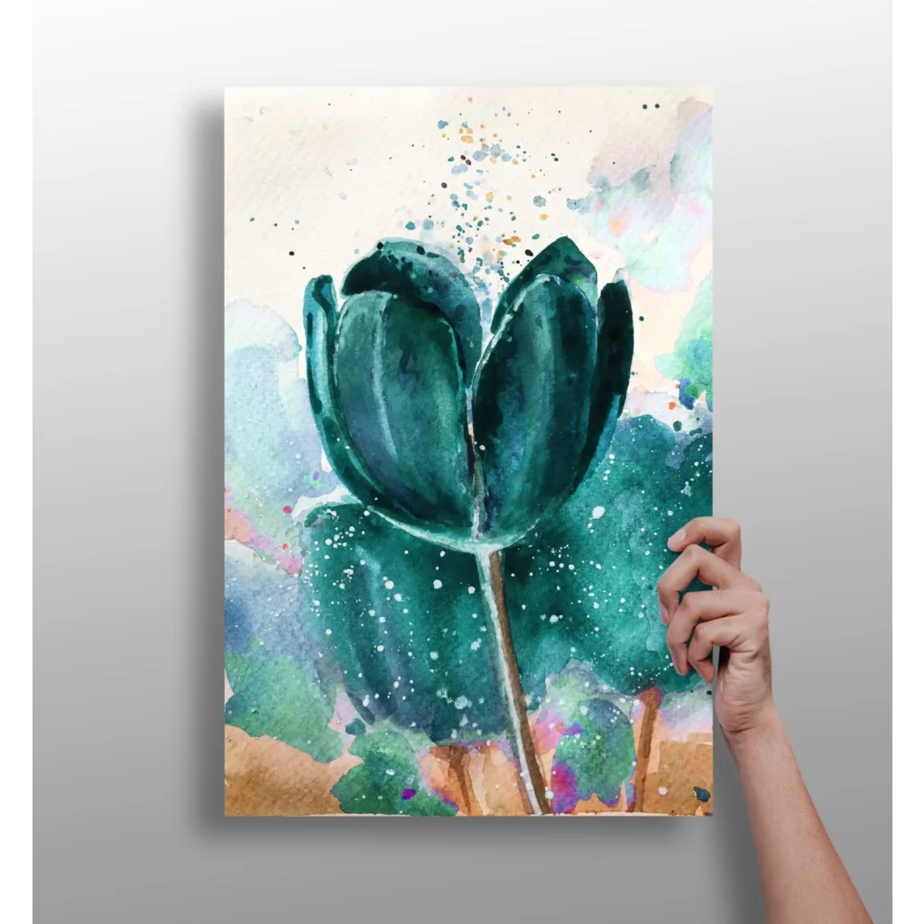 Vibrant teal tulip watercolor on insigne aluminum print