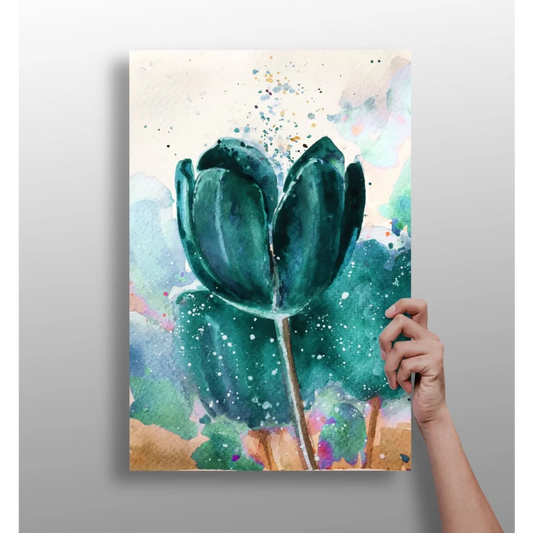 Vibrant teal tulip watercolor on insigne aluminum print