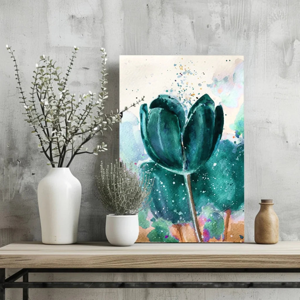 Vibrant teal tulip watercolor on insigne aluminum print