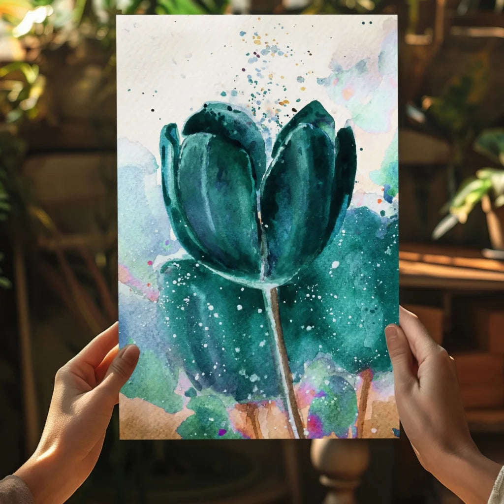 Teal tulip watercolor on insigne aluminum print
