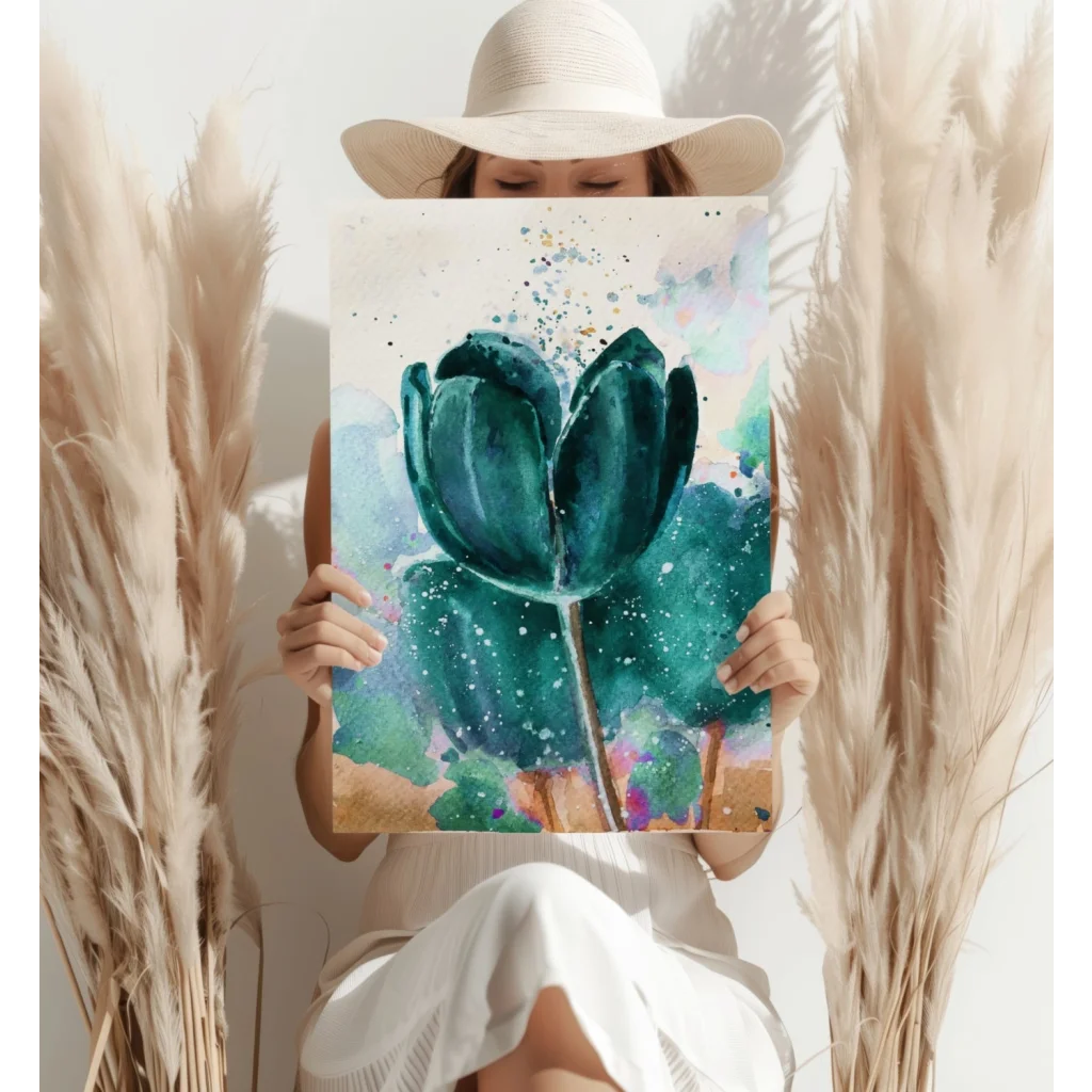 Vibrant teal tulip watercolor on insigne aluminum print