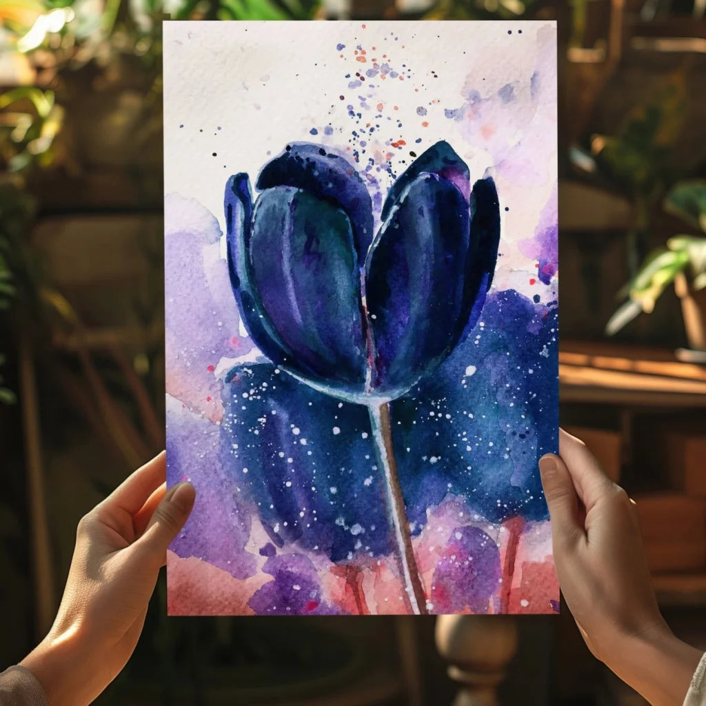 Watercolor blue tulip with purple pink splashes on insigne aluminum print