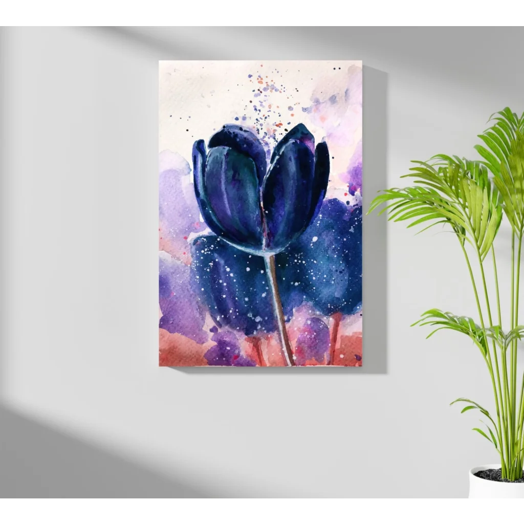 Watercolor dark blue tulip with purple pink splashes on Insigne aluminum print
